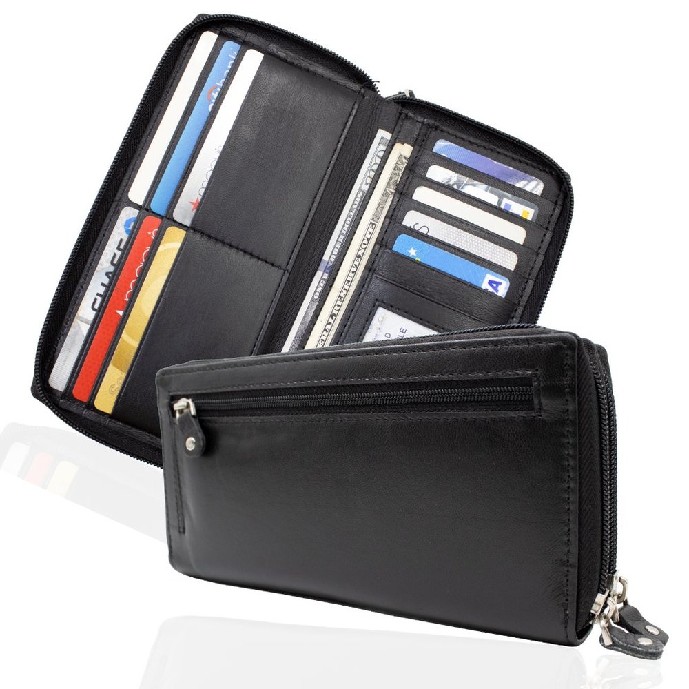 RFID Blocking Leather Black Checkbook Cover, ID Holder, Credit Card & Currency